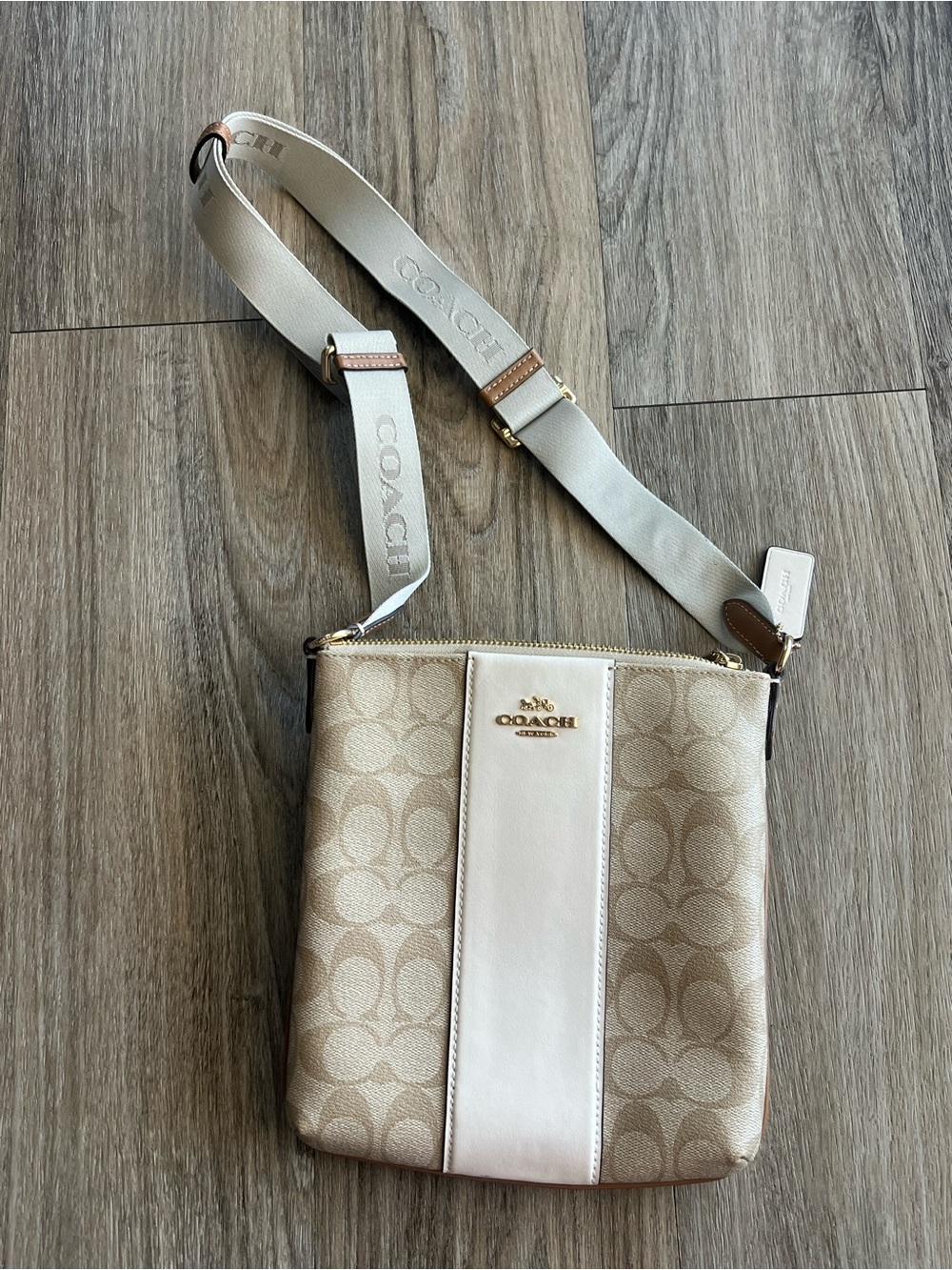 Coach Pale Beige Signature Crossbody with White Center Stripe